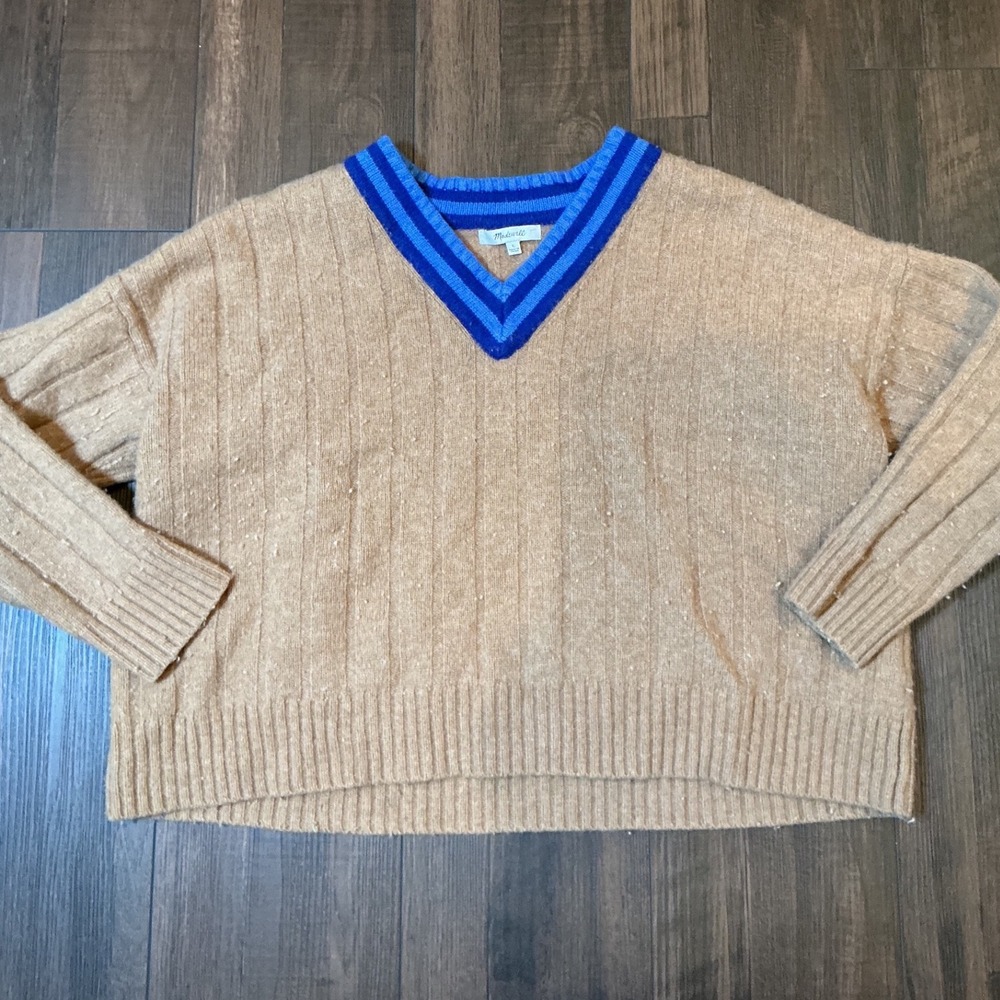 Madewell Wool Blend Ribbed V-Neck Sweater Tan Blue Striped Trim Large Varsity